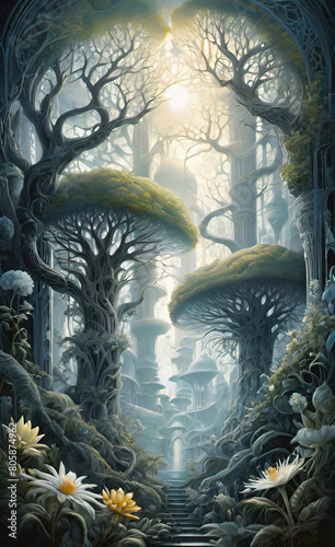 Fantasy art with a beautiful palace in the forest of elves, a beautiful background for a smartphone,