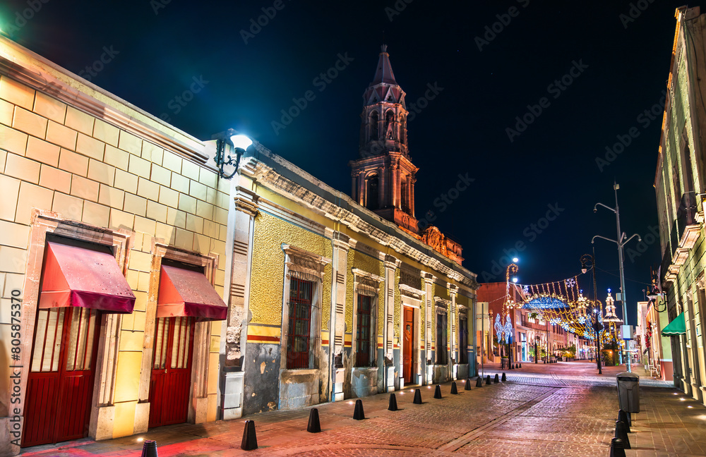 Downtown Aguascalientes, Mexico with Christmas decorations at night