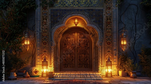 Arabian nights entrance with lanterns and a mosaic archway