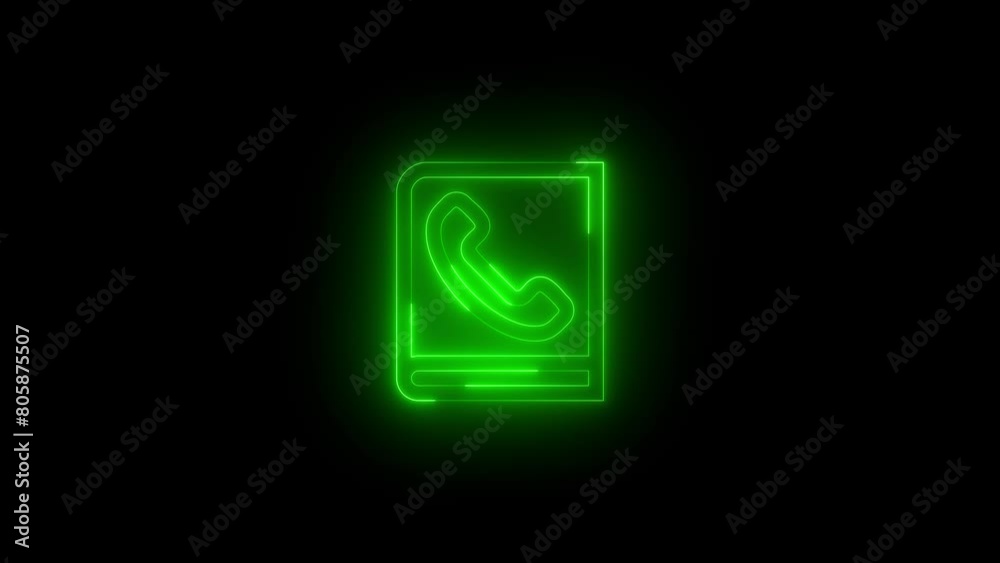 Neon glowing green color phone book icon on black background animation Neon glowing green color phone book icon on black background animation