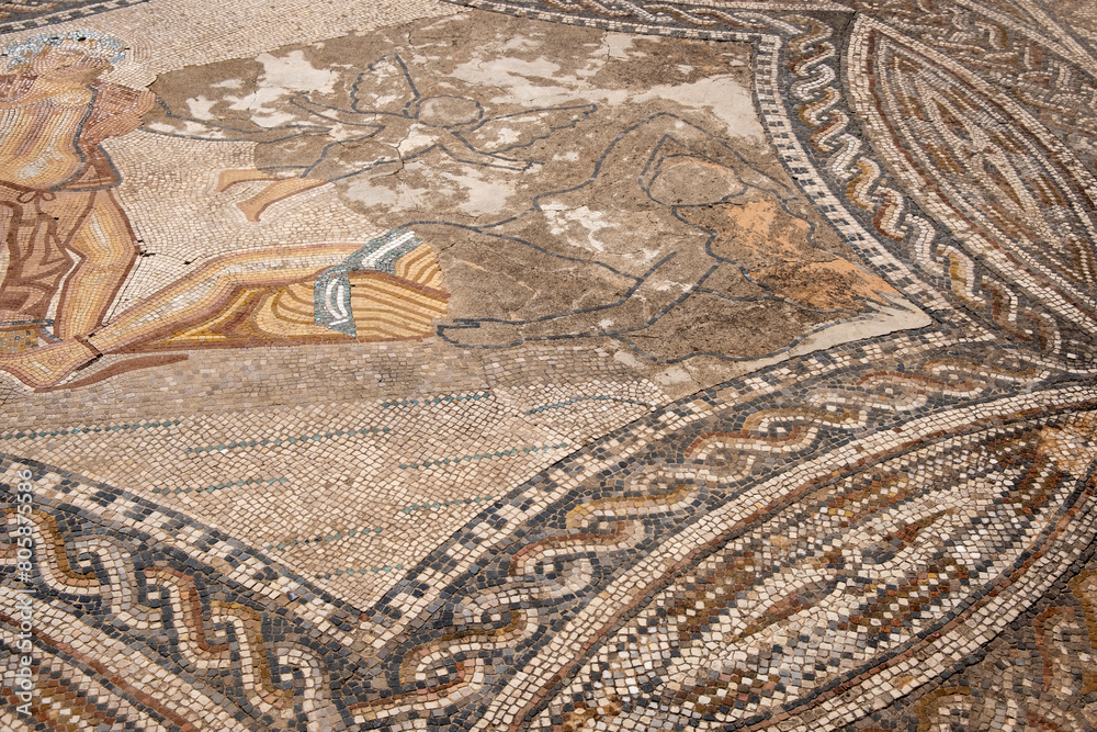 Bacchus and Ariadne, floor mosaic, the House of the Knight. Roman Archaeological Site of Volubilis, UNESCO World Heritage Site, Morocco
