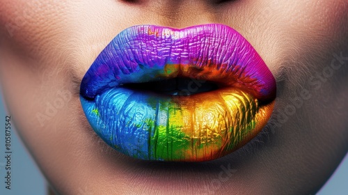 Rainbow lipstick on lips with blurred face