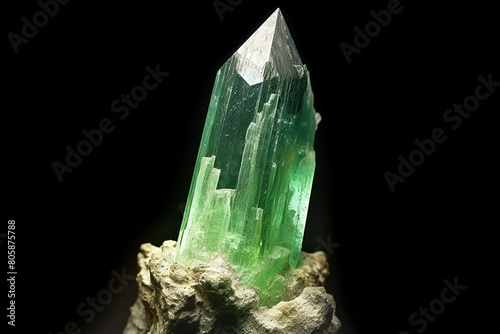 Hiddenite is rare precious natural stone on black background. AI generated. Header banner mockup with space. photo