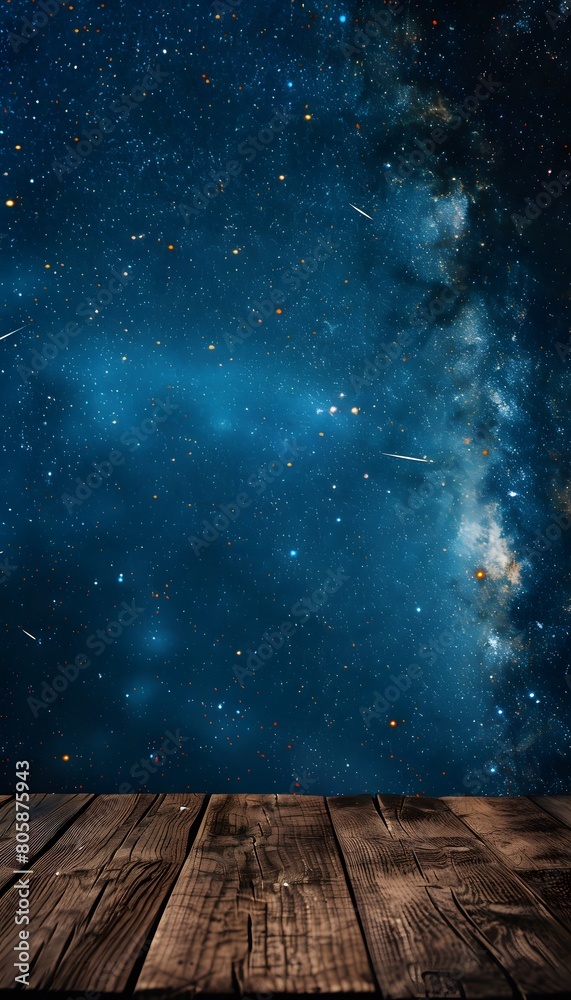 A wooden table with a starry night sky background, creating an atmosphere of mystery and wonder for product display