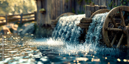 A watermill in a pond photo