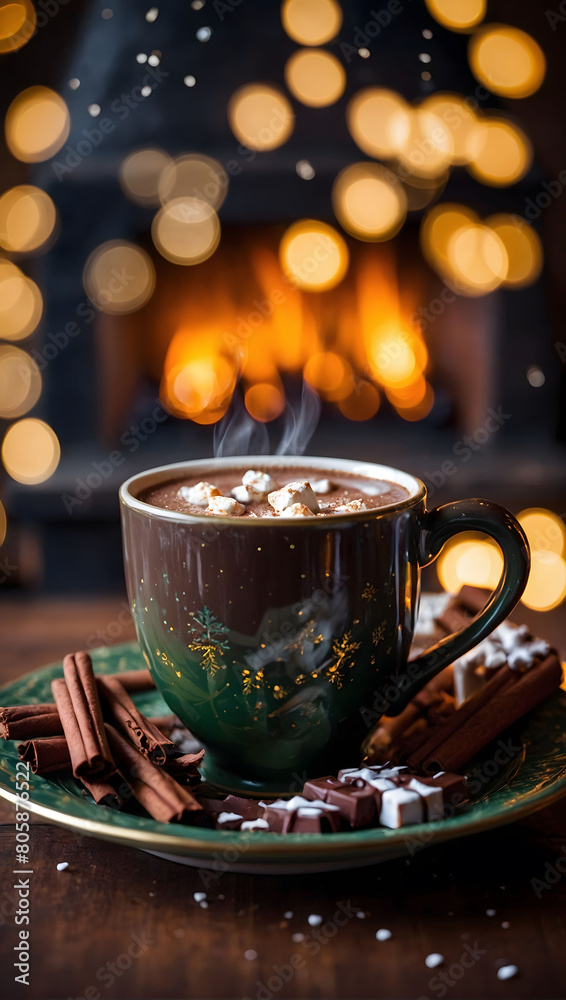 Festive Fireside Treat, Indulge in a Warm Mug of Hot Chocolate or Coffee Next to the Christmas Fireplace.