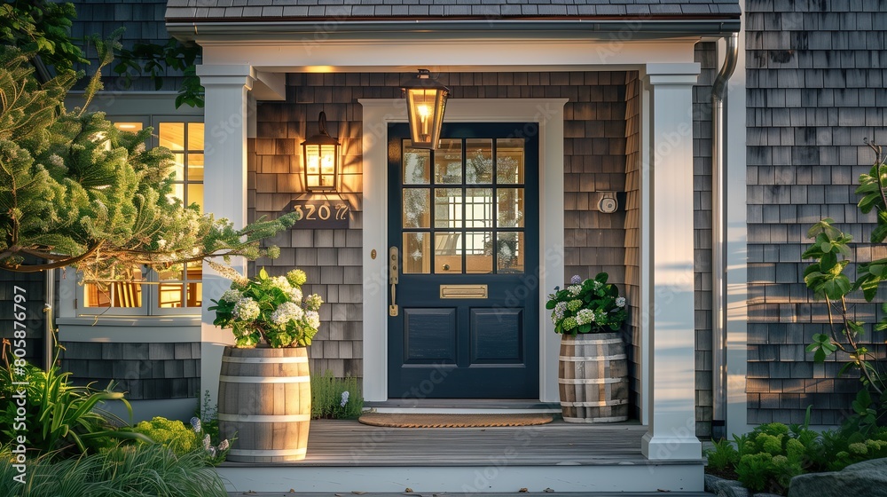 Cape Cod entrance with a shingled facade and a nautical lantern