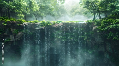 Serene Waterfall in Enchanting Forest with Lush Moss, Generative AI