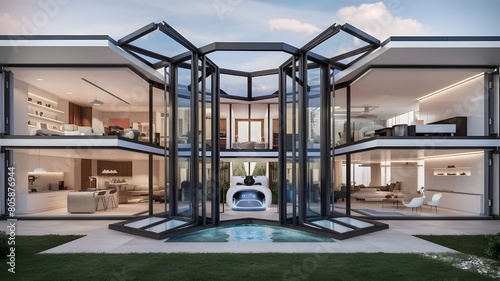 Create a cross-section of a futuristic house featuring a central atrium with retractable glass panels, providing natural light and ventilation photo