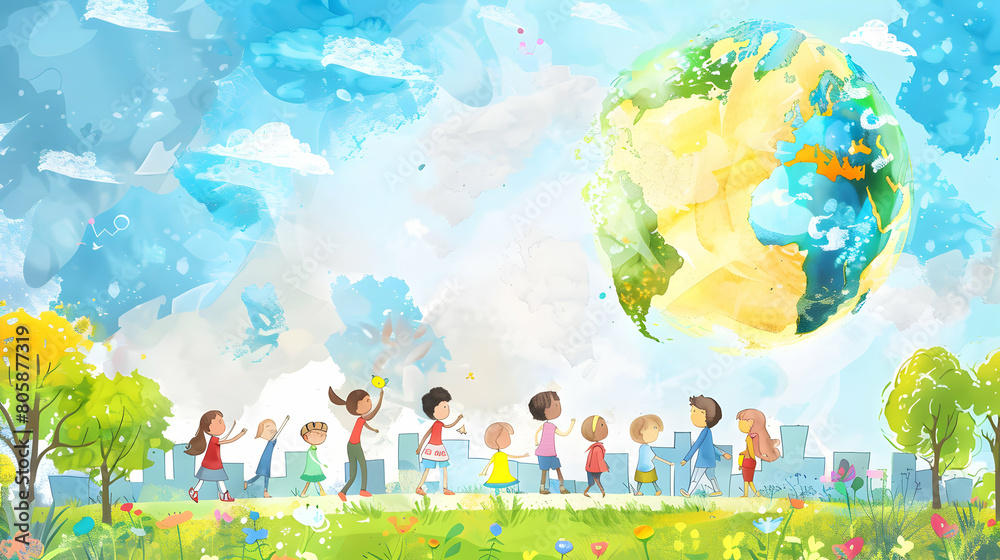 Naklejka premium children play and earth globe, earth day concept ,kids play together,children's day concept illustration background,Generative Ai 