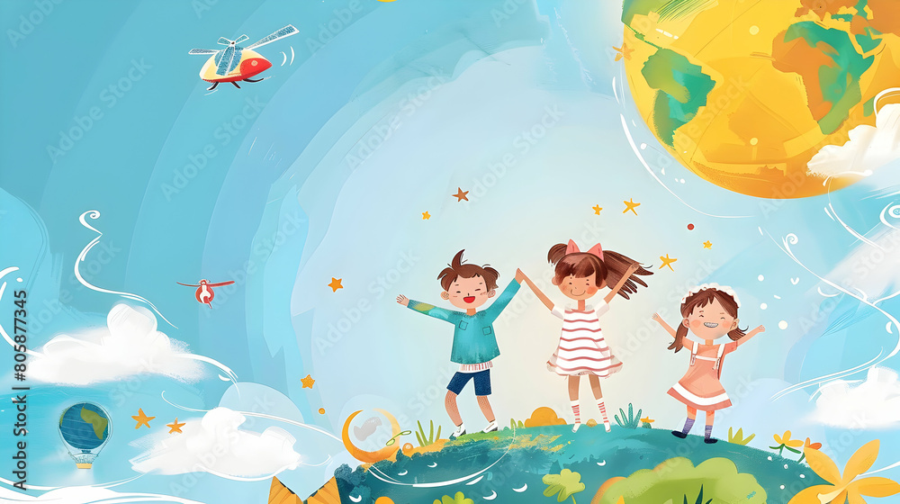 Naklejka premium children play and earth globe, earth day concept ,kids play together,children's day concept illustration background,Generative Ai 