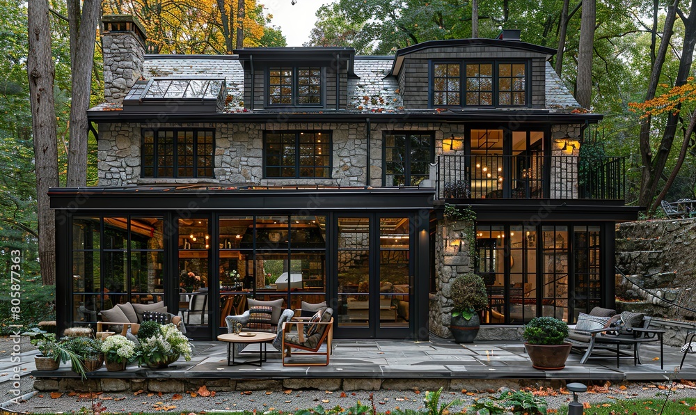 A French chateau made of stone and black steel that blends modern design with rustic charm nestled in the woods A French chateau made of stone and black steel that blends modern design with rustic charm nestled in the woods