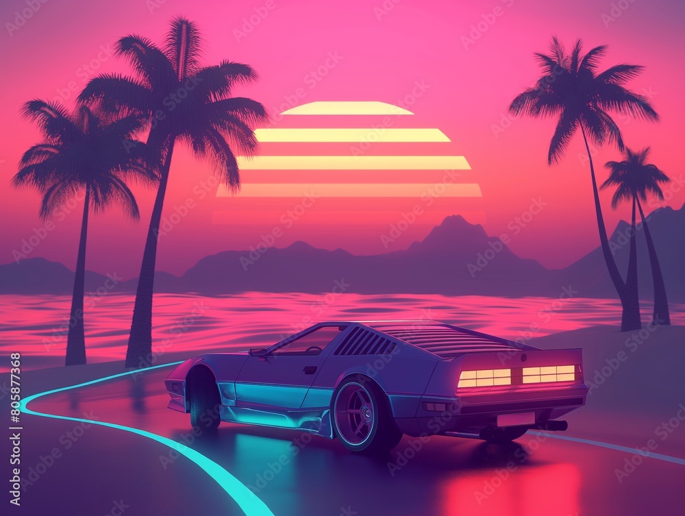 Vintage sports car cruising on a coastal road at sunset with palm trees and neon vibes.