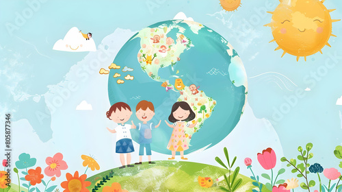 children play and earth globe  earth day concept  kids play together children s day concept illustration background Generative Ai