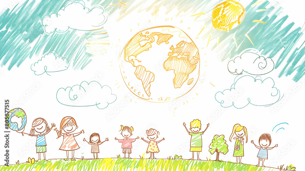 Obraz premium children play and earth globe, earth day concept ,kids play together,children's day concept illustration background,Generative Ai