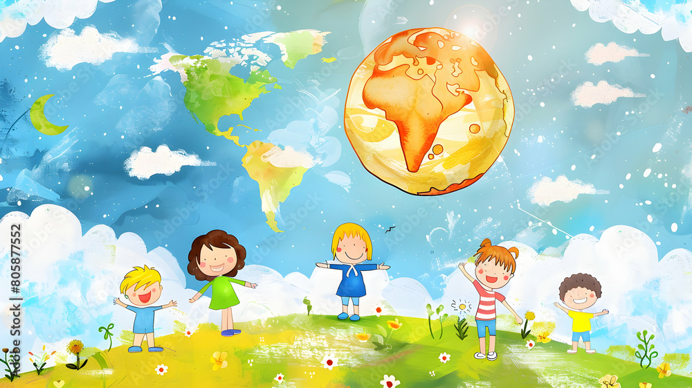 Fototapeta premium children play and earth globe, earth day concept ,kids play together,children's day concept illustration background,Generative Ai