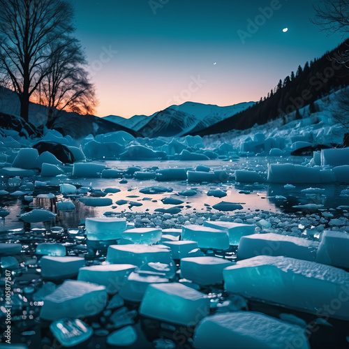 Frozen water and mountain landscape on background