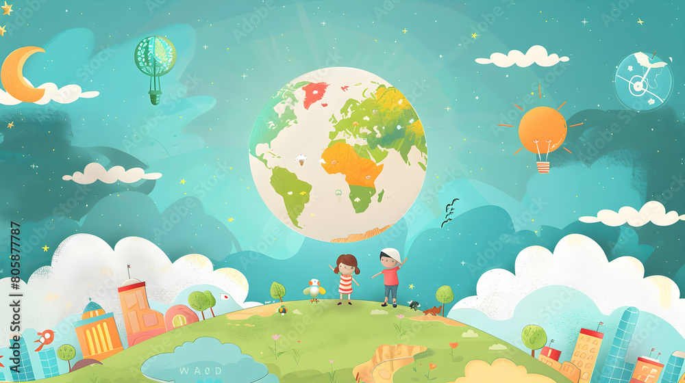 children play and earth globe, earth day concept ,kids play together,children's day concept illustration background,Generative Ai	