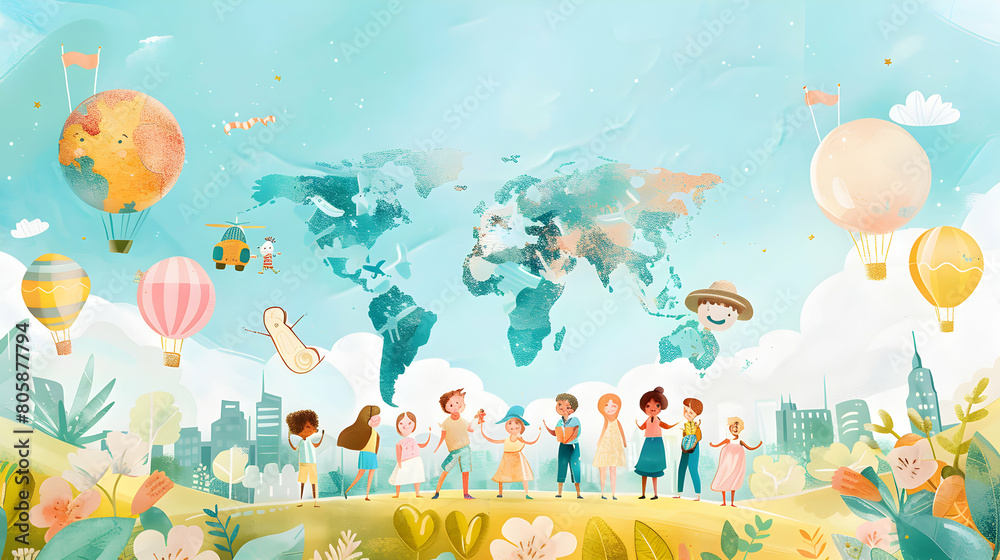 children play and earth globe, earth day concept ,kids play together,children's day concept illustration background,Generative Ai
