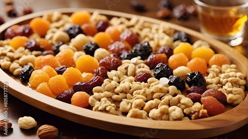 A wooden tray filled with dried fruit and nut clusters, drizzled with honey and sprinkled with sea salt, offering a satisfying blend of flavors