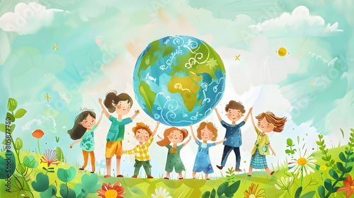 children play and earth globe, earth day concept ,kids play together,children's day concept illustration background,Generative Ai	