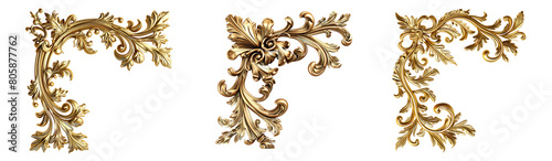 Set of vintage gold corner frames isolated on a transparent background.