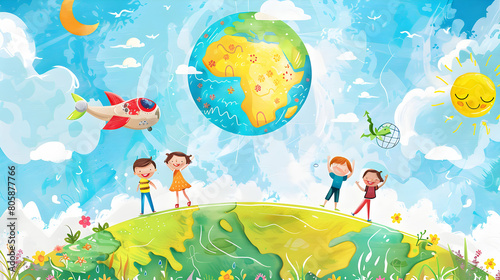 children play and earth globe  earth day concept  kids play together children s day concept illustration background Generative Ai 
