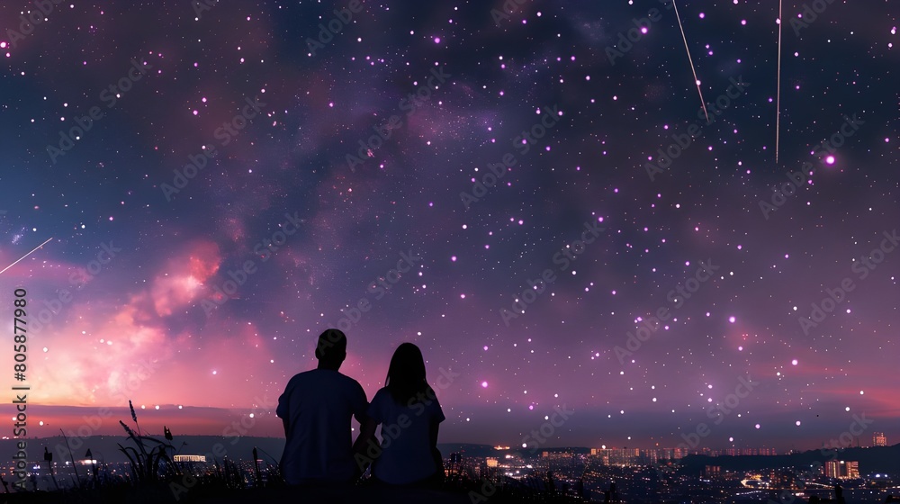 Milky Way with silhouette of people on the landscape with night starry sky. Man and woman on the mountain with star light. Hugging couple against purple sky. Beautiful galaxy Universe. 