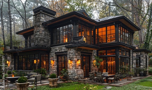 A French chateau made of stone and black steel that blends modern design with rustic charm nestled in the woods photo