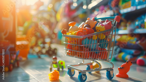 colorful kids toys in the shopping cart with nature background,kids play toys,children's day concept ,Generative Ai