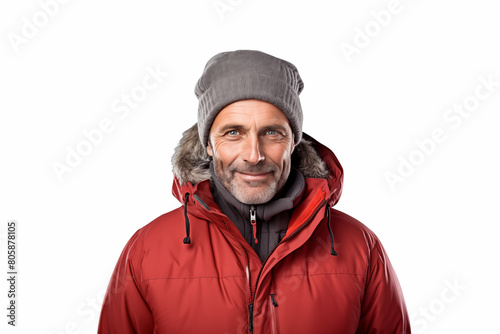 Middle aged man over isolated white background in winter clothes