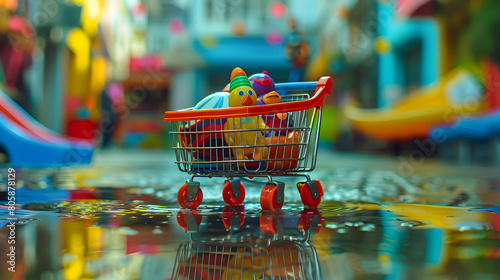 colorful kids toys in the shopping cart with nature background,kids play toys,children's day concept ,Generative Ai