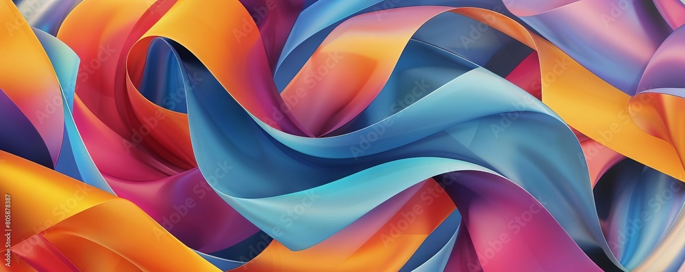 A vector illustration where ribbons of waves twirl together like a kaleidoscope, blending complementary colors