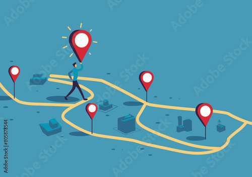 Business Roadmap Progress, Milestone Achievement Journey - Businessman Running on Timeline Location Pins, Workflow Planning Success Concept Vector Illustration