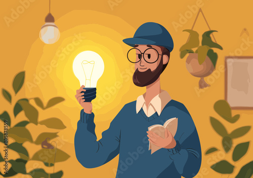Curious Male Detective with Lightbulb Idea Solves Problems - Discover Innovation, Creativity, Opportunity Concepts
