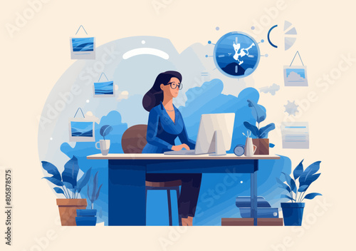 Minimalist Vector Secretary or Office Admin Answering Phone, Scheduling Calendar On Desk - Business Professional Work Illustration