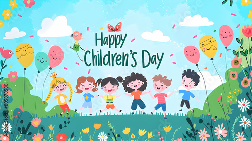 Happy children's day ,world children's day ,cartoon illustration,children's day concept background,Generative Ai