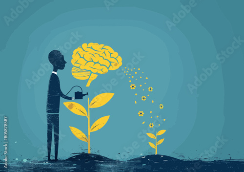 Happy Mindset Cultivation: Man Nurturing Smiling Brain Seedling - Positive Emotion, Mental Wellbeing, Anxiety Relief Concept Vector Illustration