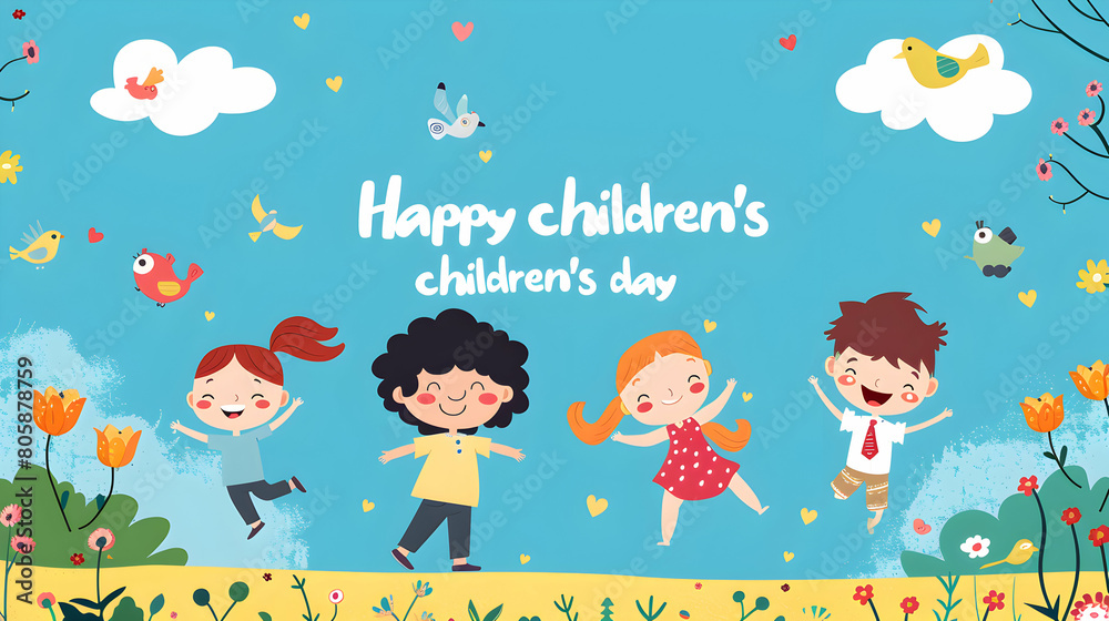 Naklejka premium Happy children's day ,world children's day ,cartoon illustration,children's day concept background,Generative Ai