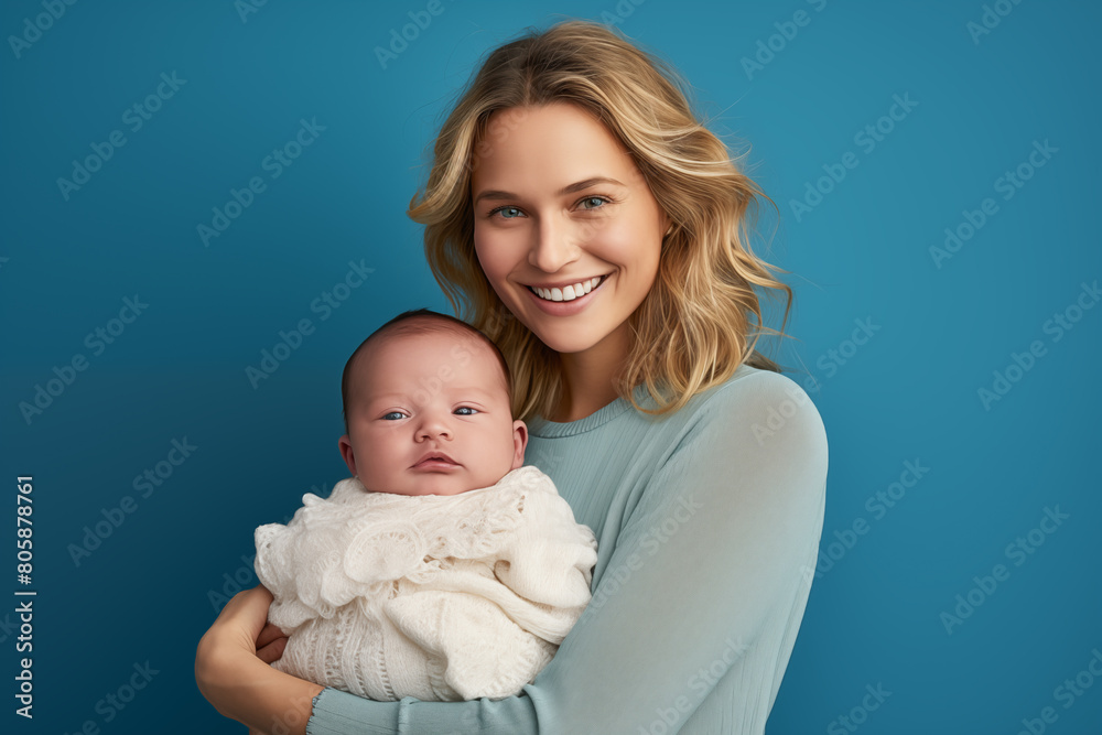 Young pretty blonde girl over isolated colorful background with newborn baby Young pretty blonde girl over isolated colorful background with newborn baby