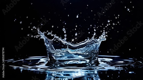 Water splashes isolated on black background. Splash effect after collision a falling drops with water Surface