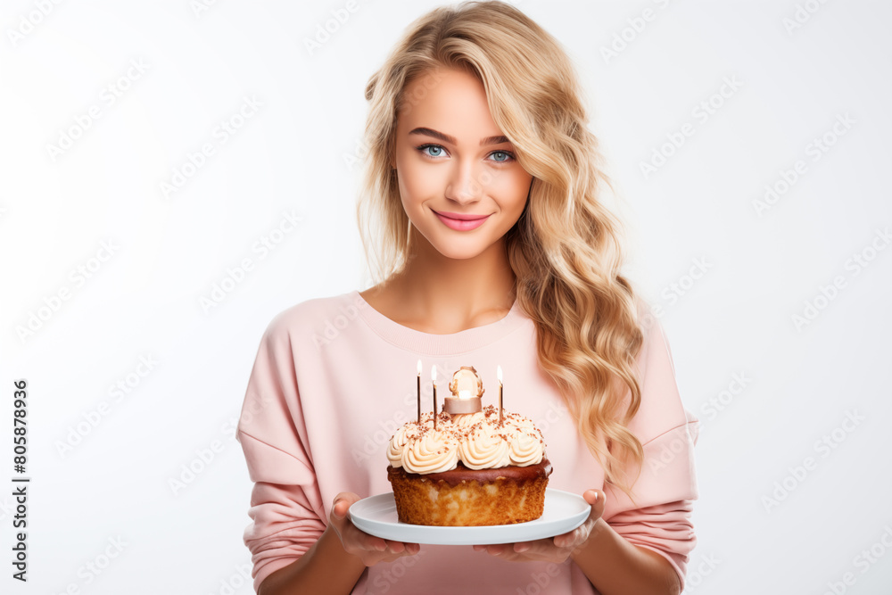 Young pretty blonde girl over isolated white background holding birthday cake Young pretty blonde girl over isolated white background holding birthday cake