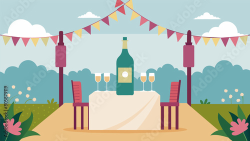 A stunning outdoor ceremony featuring recycled wine bottle centerpieces and handmade fabric bunting showcasing the beauty and creativity of. Vector illustration