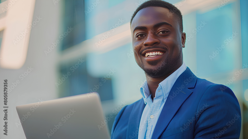 A happy businessman smile on the front of camera working on laptop A happy businessman smile on the front of camera working on laptop