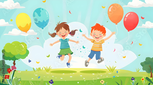 children playing field with balloons  kids play together children s day concept illustration background Generative Ai 