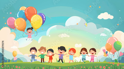 children playing field with balloons ,kids play together,children's day concept illustration background,Generative Ai	