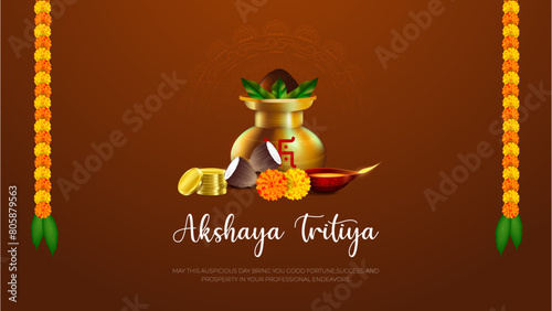 Happy Akshaya Tritiya Post and Greeting Card Wishes. Indian Festival Akshaya Tritiya Banner with Text and Gold Coins with flowers and diya Vector Illustration photo