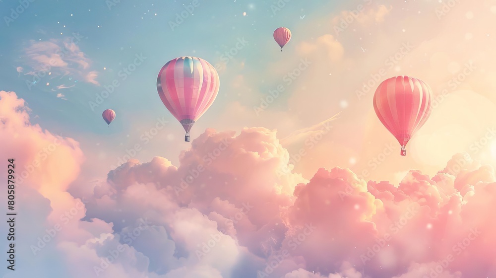 Obraz premium A whimsical illustration of hot air balloons floating against a dreamy pastel sky