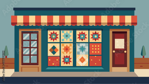 A storefront filled with beautifully restored vintage quilts each one a labor of love.. Vector illustration