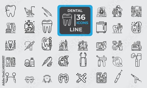 Set of 36 line icons related to Dental. Outline icon collection. Editable stroke. Vector illustration